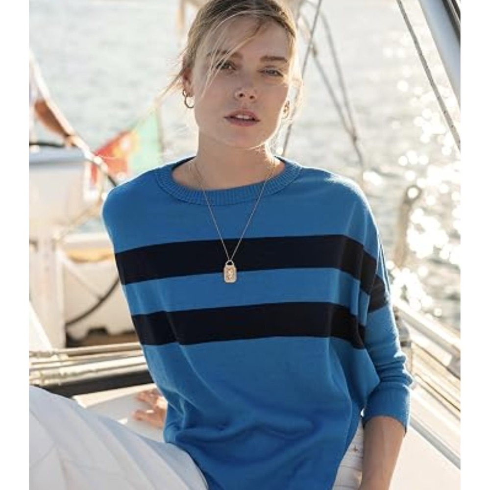 Mersea Catalina Traveler Women OS Crewneck Sweater Blue Striped Coastal Top